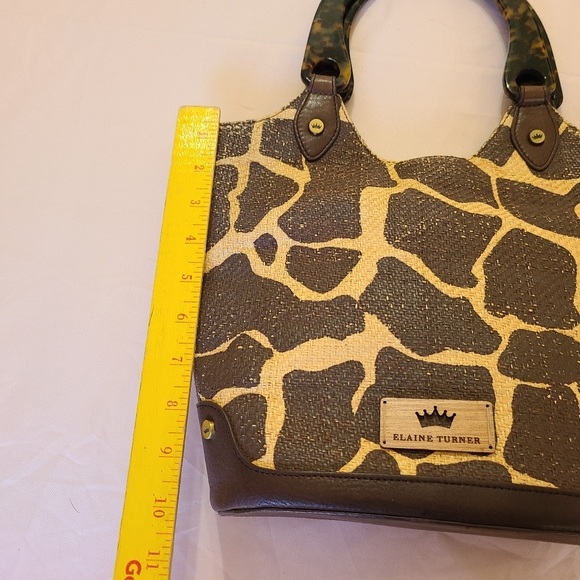 Elaine Turner Safari Giraffe Print Raffia Faux Turquoise Double Handled Handbag - Picture 7 of 9